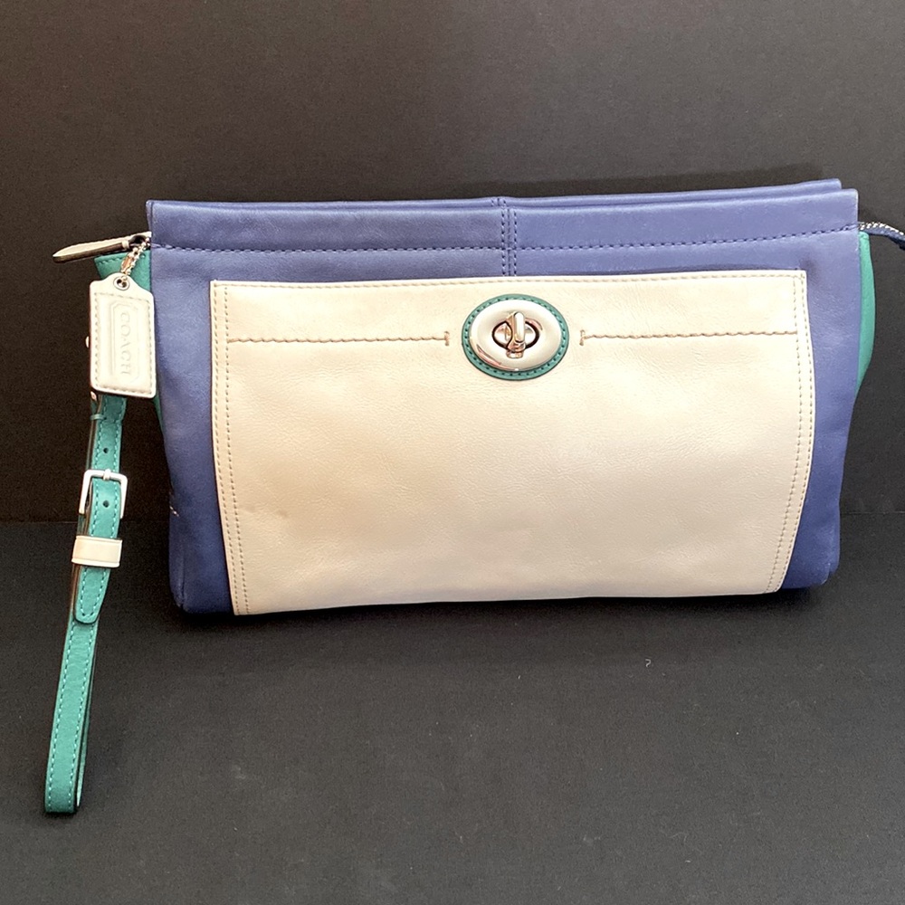 Coach wristlet medium size navy, green &  white color block .